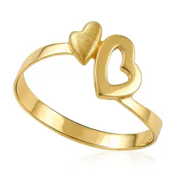 Anel Duplo Coração de Ouro Amarelo com Efeito Acetinado