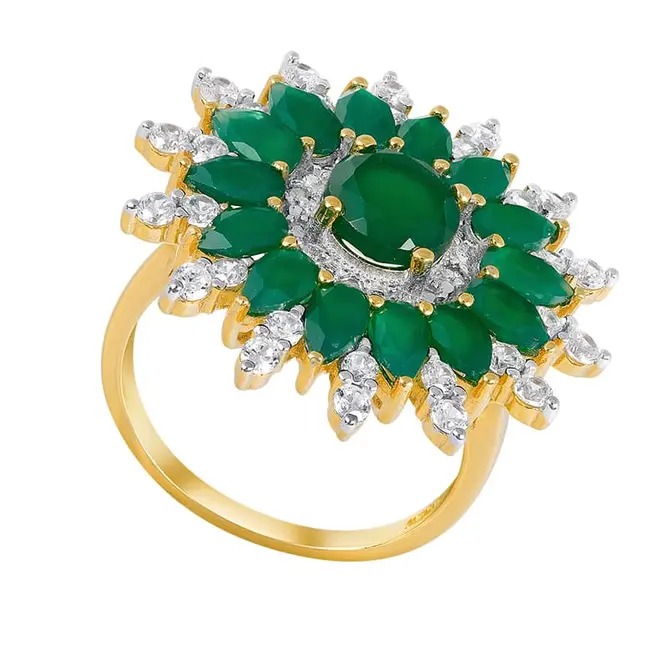 Anel com Jades e Diamantes, Acabamento em Ouro