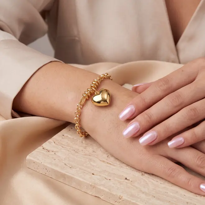 Pulseira de Ouro Amarelo com Elos Portugueses e Berloque Coração