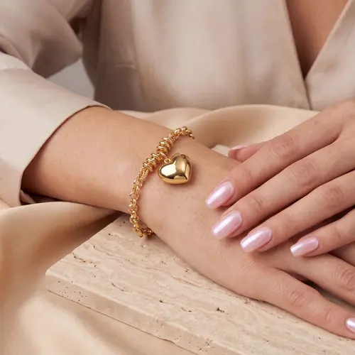 Pulseira de Ouro Amarelo com Elos Portugueses e Berloque Coração