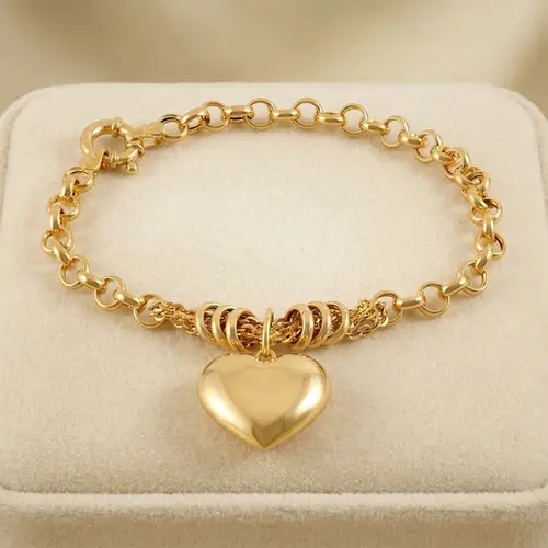 Pulseira de Ouro Amarelo com Elos Portugueses e Berloque Coração