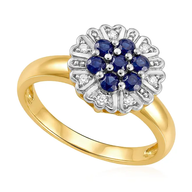 Anel Chuveiro de Ouro com 6 Diamantes e 7 Safiras