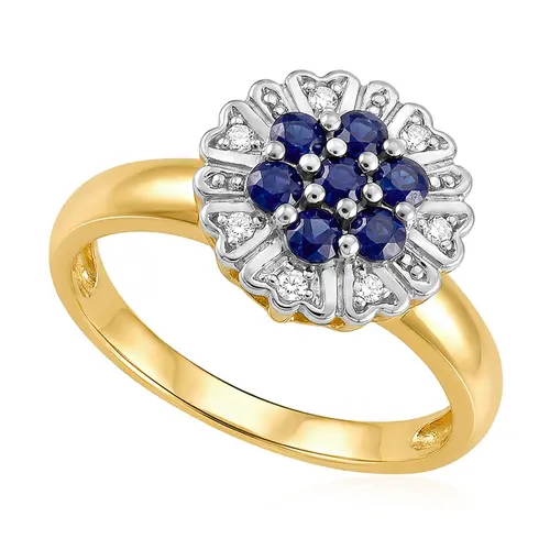 Anel Chuveiro de Ouro com 6 Diamantes e 7 Safiras