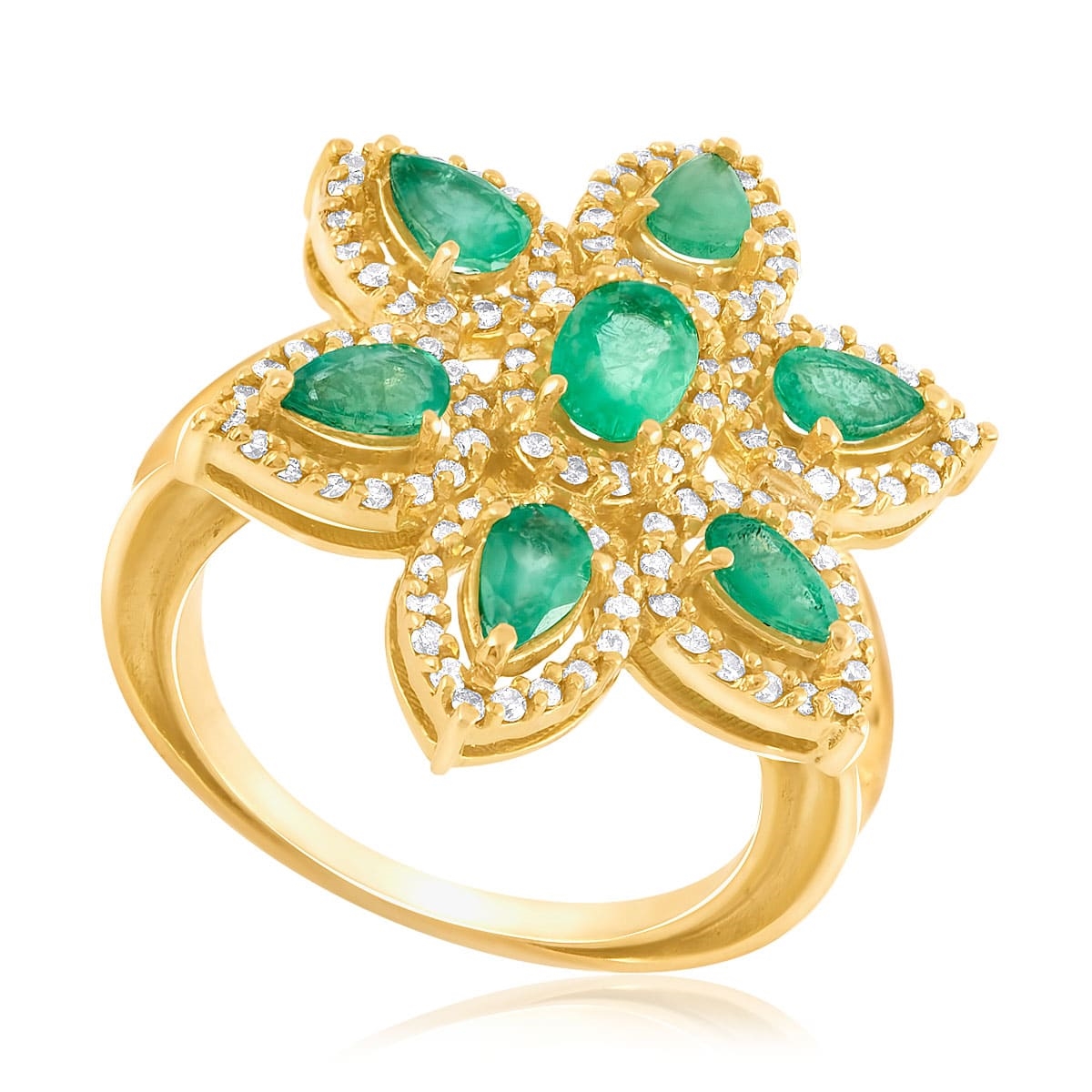 Anel Flor de Ouro com Diamantes e 7 Esmeraldas
