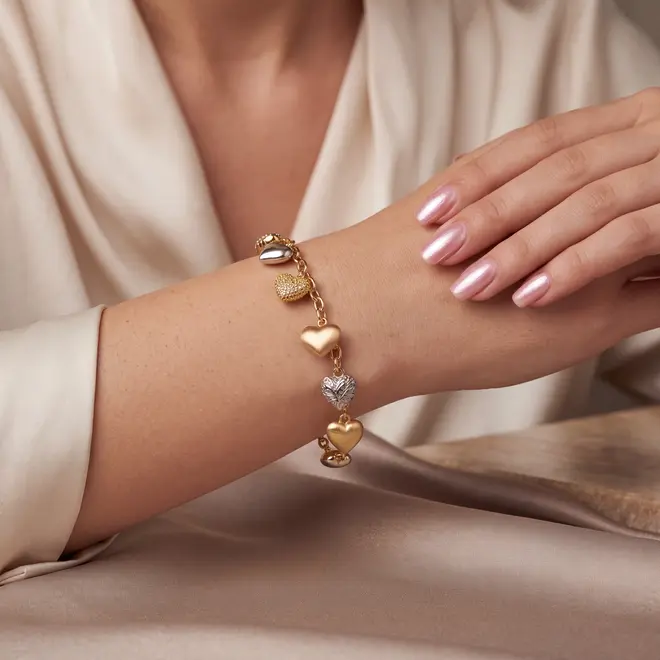Pulseira Elos Trabalhados de Ouro 3 Cores com Berloque de Coração