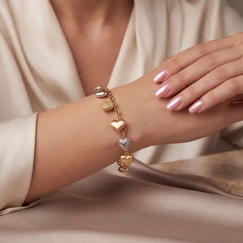 Pulseira Elos Trabalhados de Ouro 3 Cores com Berloque de Coração