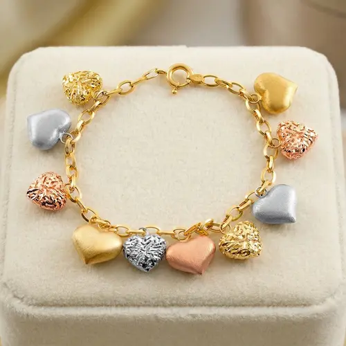 Pulseira Elos Trabalhados de Ouro 3 Cores com Berloque de Coração