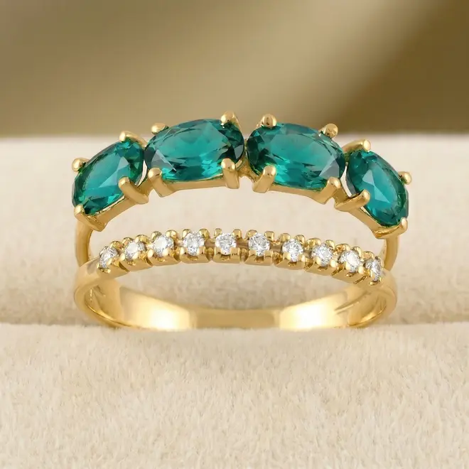 Anel Duplo de Ouro Amarelo com 10 Diamantes e Cristais Turmalina Paraíba