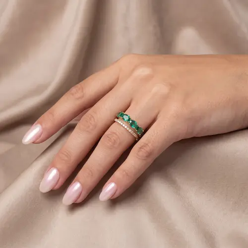 Anel Duplo de Ouro Amarelo com 10 Diamantes e Cristais Turmalina Paraíba