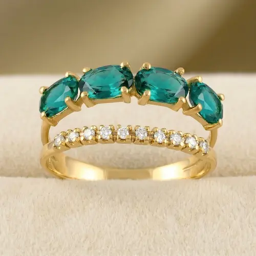 Anel Duplo de Ouro Amarelo com 10 Diamantes e Cristais Turmalina Paraíba