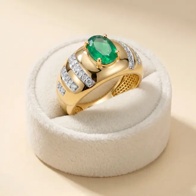 Anel de Ouro com Esmeralda Oval de 1 Cts e 12 Diamantes