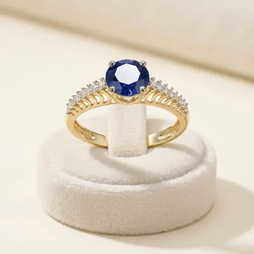 Anel de Ouro Amarelo com Safira de 1,04 Ct e 14 Diamantes