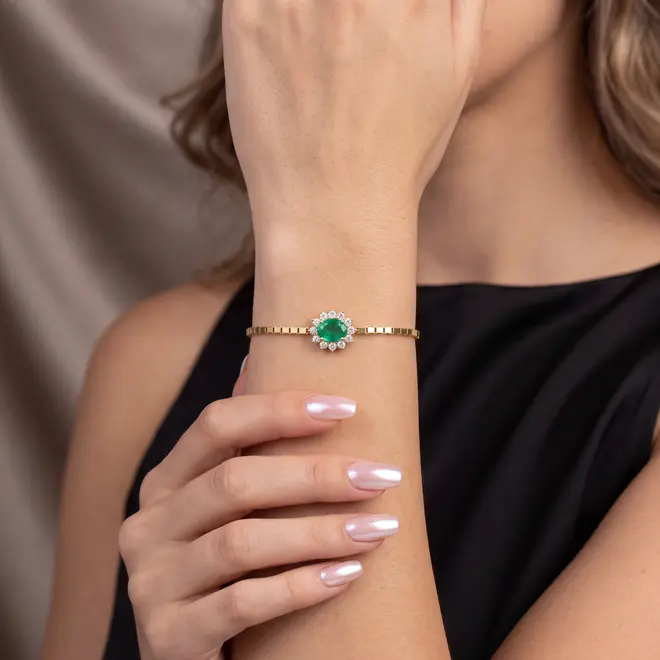 Pulseira Milano de Ouro Amarelo com 50 pts em Diamantes e Esmeralda de 1,57 ct
