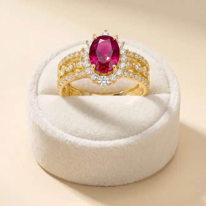 Anel de Ouro Amarelo com 62 Diamantes e Rubi de 1,20 ct