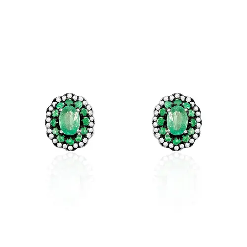 Par de Brincos de Prata com Diamantes e Esmeraldas, com Acabamento em Ródio