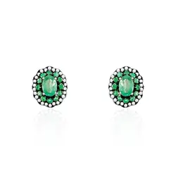 Par de Brincos de Prata com Diamantes e Esmeraldas, com Acabamento em Ródio