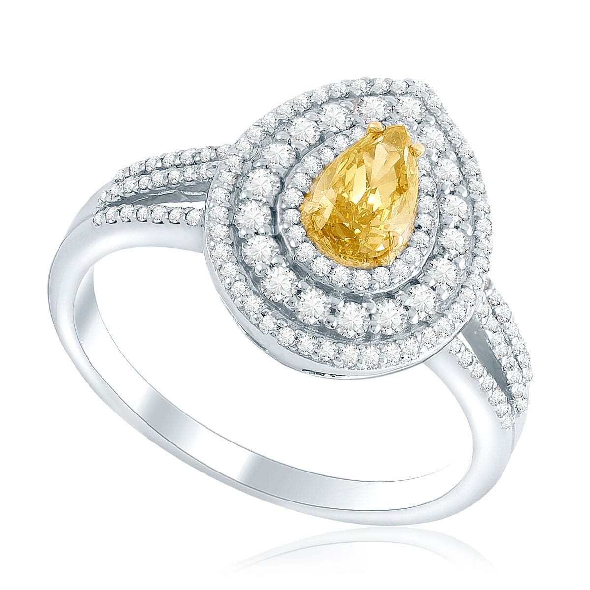 Anel de Ouro Branco 46 pts em Diamantes e Diamante Amarelo Central de 51 pts - Certificado GIA
