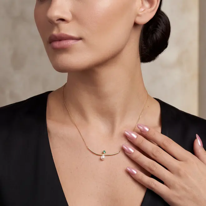 Colar de Ouro Amarelo com Cristal, Savorita e Pérola de 5,5 mm
