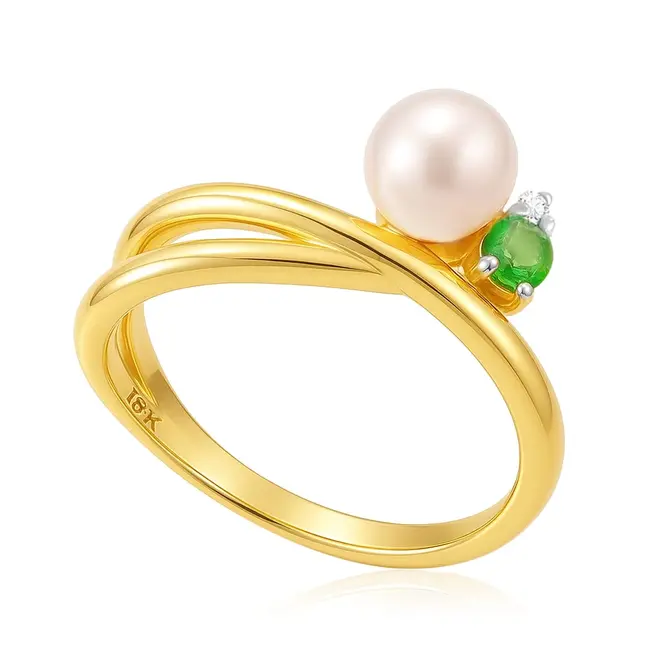 Anel de Ouro Amarelo com Topázio Branco, Esmeralda e Pérola de 5 mm