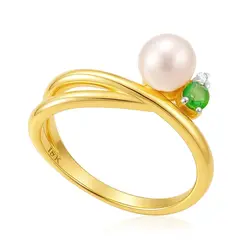 Anel de Ouro Amarelo com Topázio Branco, Esmeralda e Pérola de 5 mm