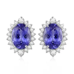 Par de Brincos de Ouro Branco com 32 Diamantes e 2,80 cts em Tanzanitas