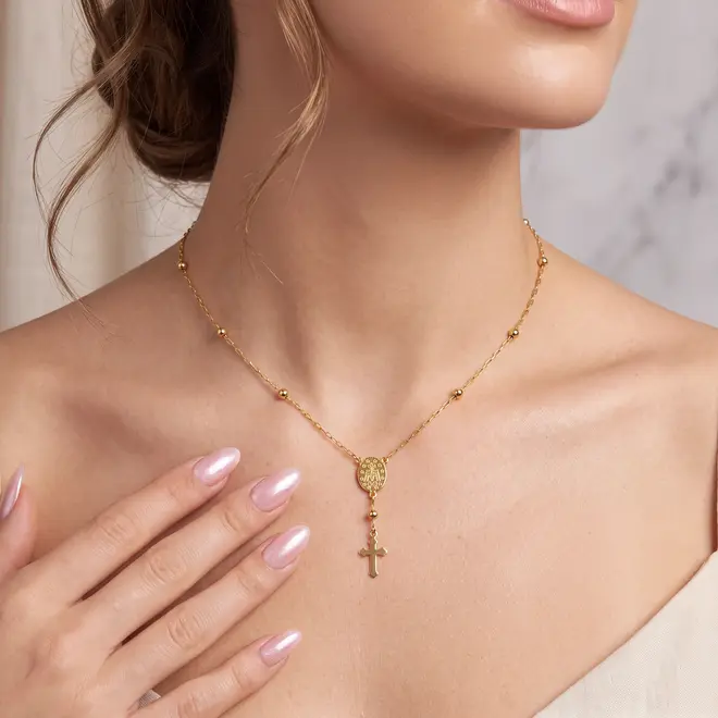 Colar Modelo Terço Rosário de Ouro Amarelo