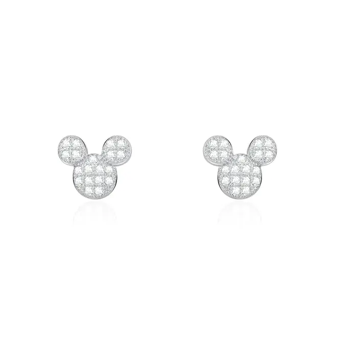 Par de Brincos Estilo Mickey de Prata com Cristais, com Acabamento em Ródio