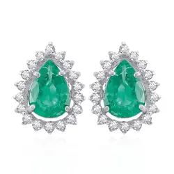 Par de Brincos de Ouro Branco com 36 Diamantes e Esmeraldas Gota Totalizando 1,3 ct
