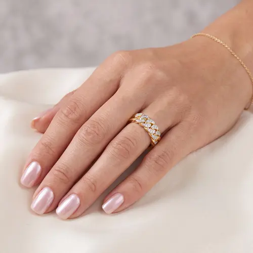 Anel Estilo Grumet de Prata com 10 Diamantes e Acabamento em Ouro Amarelo