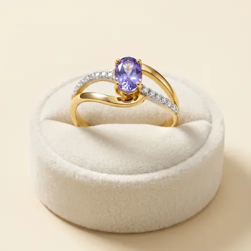 Anel de Ouro Amarelo com 4 Diamantes e Tanzanita Oval