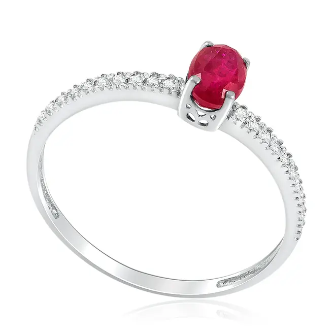 Anel de Ouro Branco com Diamantes e Rubi oval de 71 Pts