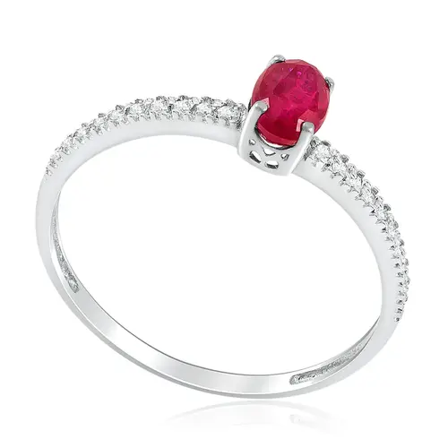 Anel de Ouro Branco com Diamantes e Rubi oval de 71 Pts