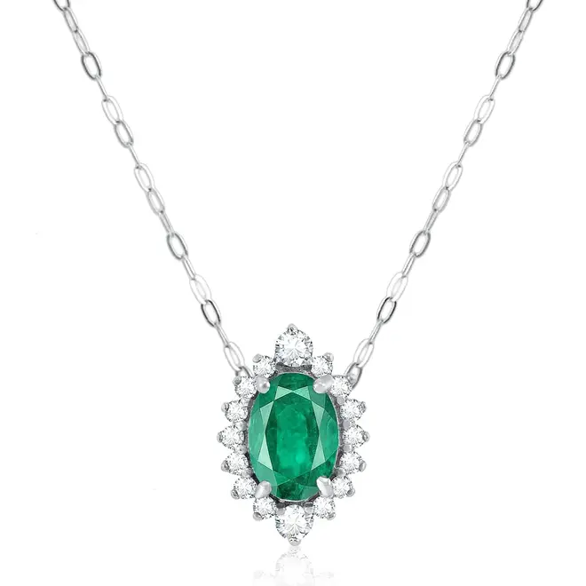 Pingente e Corrente de Ouro Branco com 16 Diamantes e Esmeralda de 1,02 ct