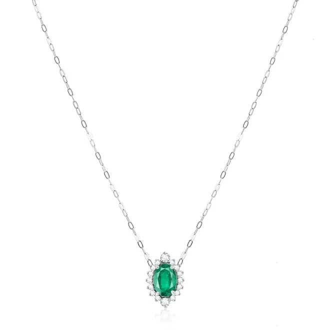 Pingente e Corrente de Ouro Branco com 16 Diamantes e Esmeralda de 1,02 ct