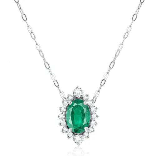 Pingente e Corrente de Ouro Branco com 16 Diamantes e Esmeralda de 1,02 ct