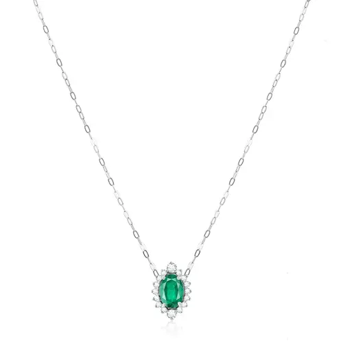 Pingente e Corrente de Ouro Branco com 16 Diamantes e Esmeralda de 1,02 ct