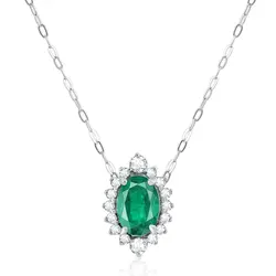 Pingente e Corrente de Ouro Branco com 16 Diamantes e Esmeralda de 1,02 ct