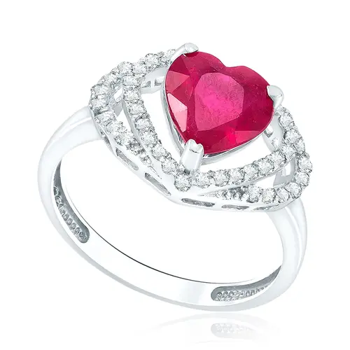 Anel Coração de Ouro Branco com 37 Diamantes e Rubi de 2,36 Cts.