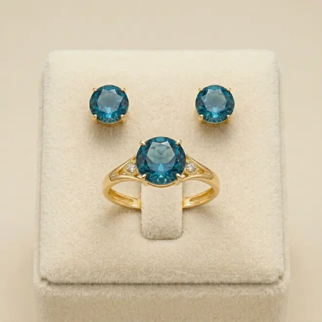 Conjunto com Diamantes e Cristais T. London Blue, Acabamento em Ouro