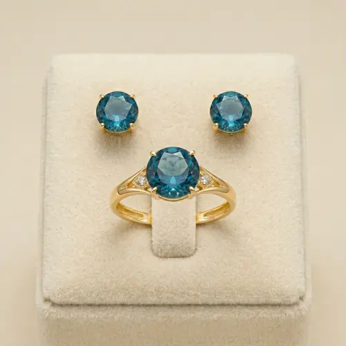 Conjunto com Diamantes e Cristais T. London Blue, Acabamento em Ouro