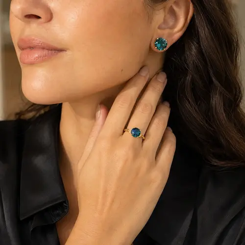 Conjunto com Diamantes e Cristais T. London Blue, Acabamento em Ouro