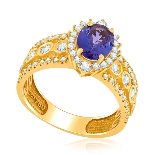 Anel de Ouro Amarelo Com 62 Diamantes e Tanzanita de 1,50Ct.