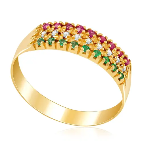Meia Aliança Tripla de Ouro Amarelo com Diamantes, Rubis e Esmeraldas