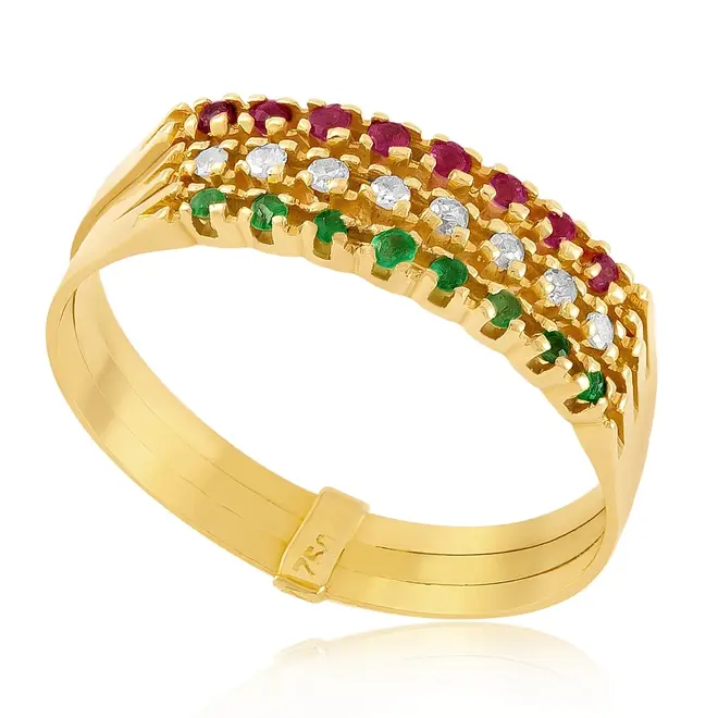 Meia Aliança Tripla de Ouro Amarelo com Rubis, Diamantes e Esmeraldas