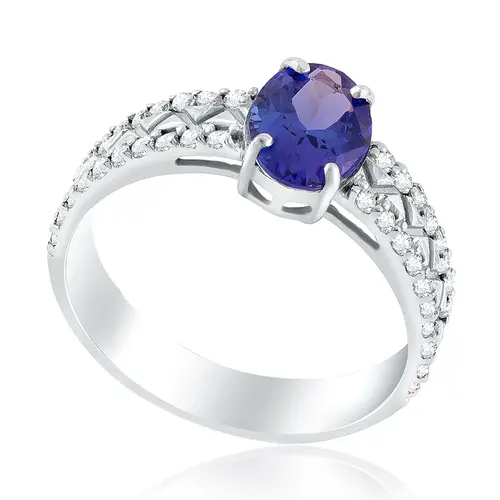 Anel De Ouro Branco com 40 Diamantes e Tanzanita de 1,10 Cts.