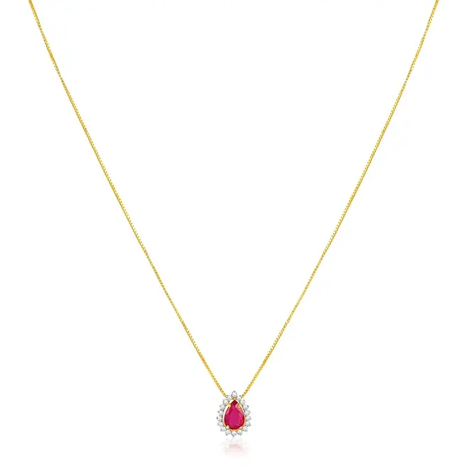 Pingente de Ouro Amarelo com Corrente, Diamantes e Rubi de 23 pts.