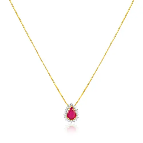 Pingente de Ouro Amarelo com Corrente, Diamantes e Rubi de 23 pts.