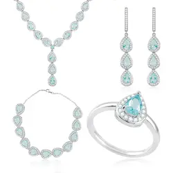 Conjunto Par de Brincos, Gargantilha e Pulseira e Anel de Prata com Cristais, Águas Marinhas