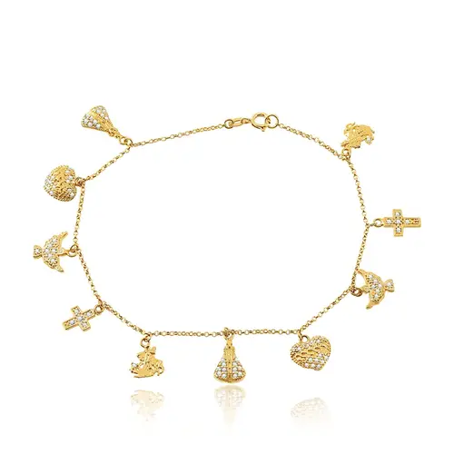Pulseira Berloqueira de Ouro Amarelo com Motivos Religiosos e Diamantes