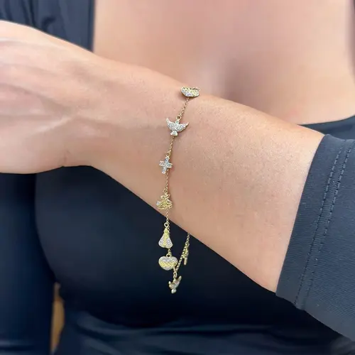 Pulseira Berloqueira de Ouro Amarelo com Motivos Religiosos e Diamantes